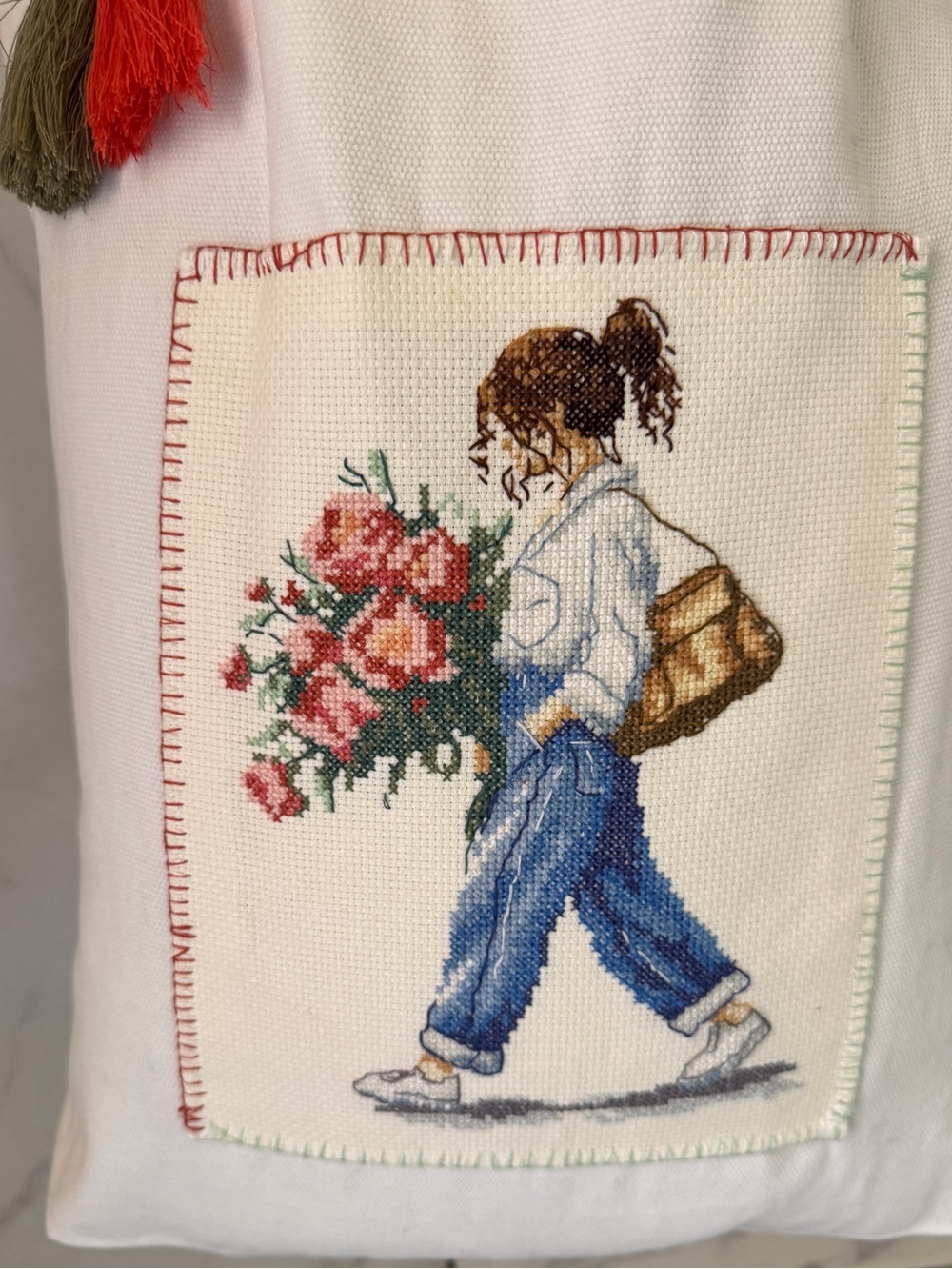 Cross stitched Girl with Peonies Canvas Tote — White, Blue, Pink - Picture 2 of 4